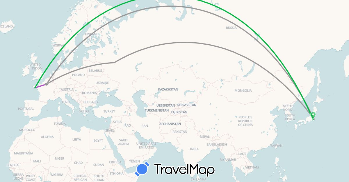 TravelMap itinerary: bus, plane, train in France, Japan, Russia (Asia, Europe)